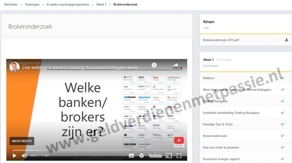 Op deze foto zien we week 1 welkom van de Trading Navigator Methode