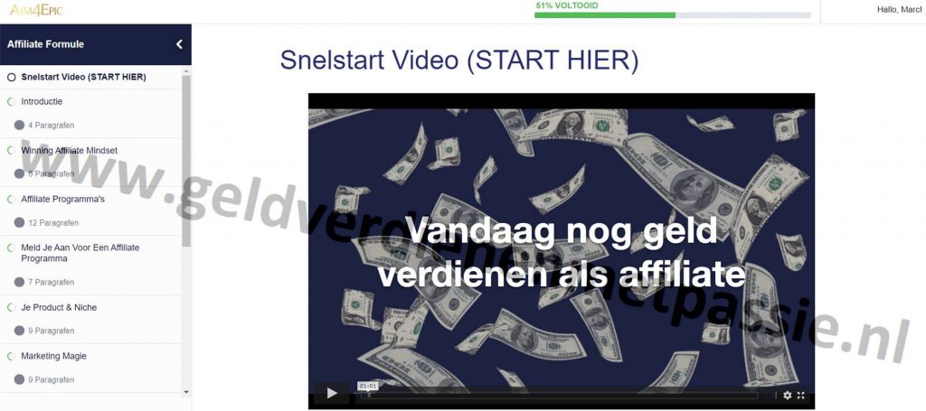 Op deze foto zie je de online omgeving van de Affiliate Formule