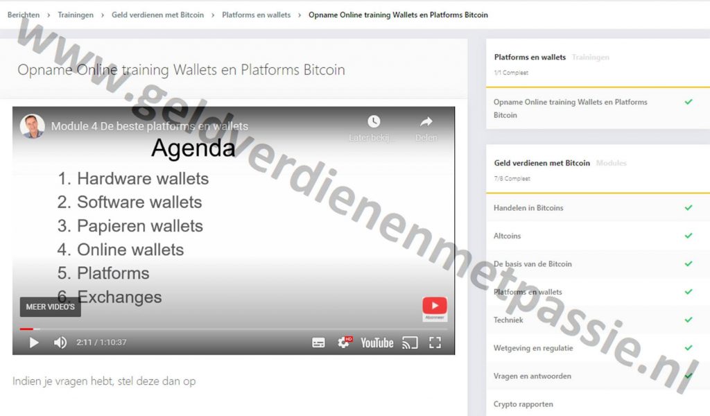 Op deze foto zie je module #4: Platforms en Wallets van x10 met crypto cursus