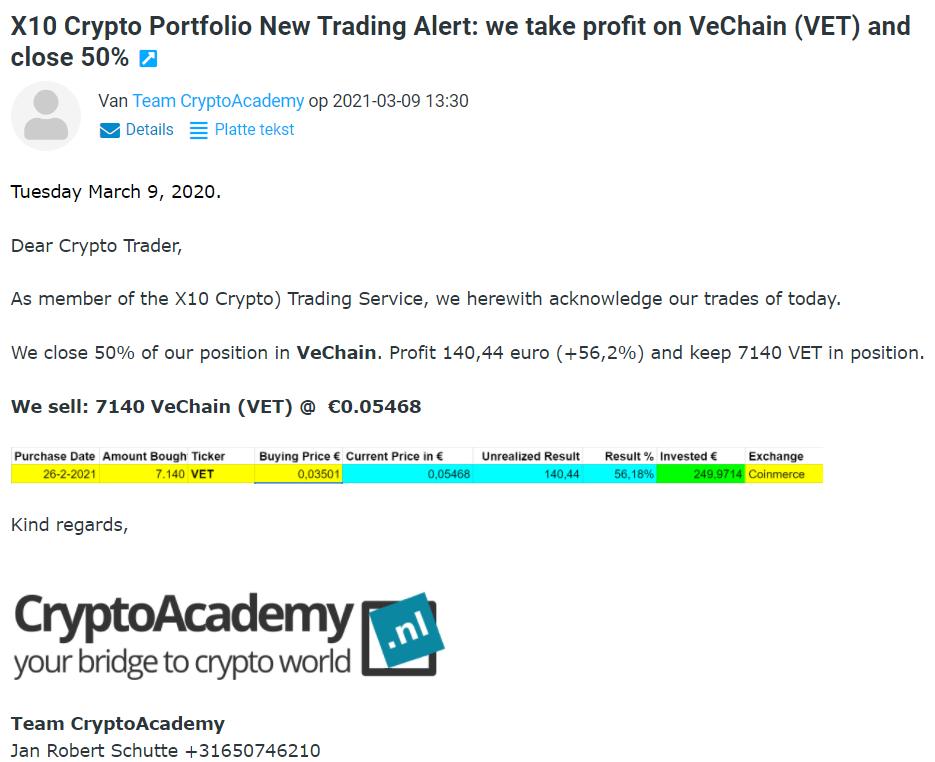 Op deze foto zie je hoe trading profit alerts werken tijdens de cursus x10 met crypto