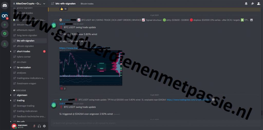 Op deze foto zie je het kanaal btc en eth signalen van Crypto Signals