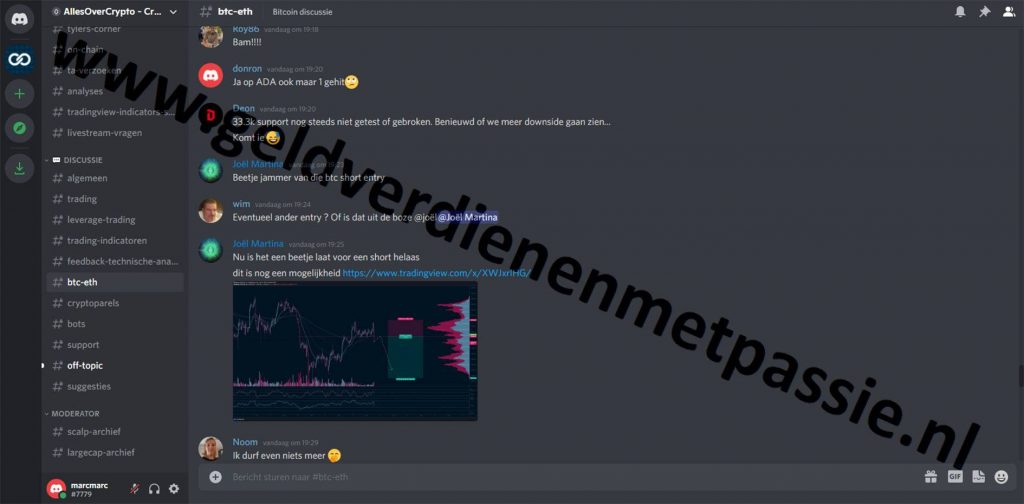 Op deze foto zie je het kanaal discussie van Crypto Signals